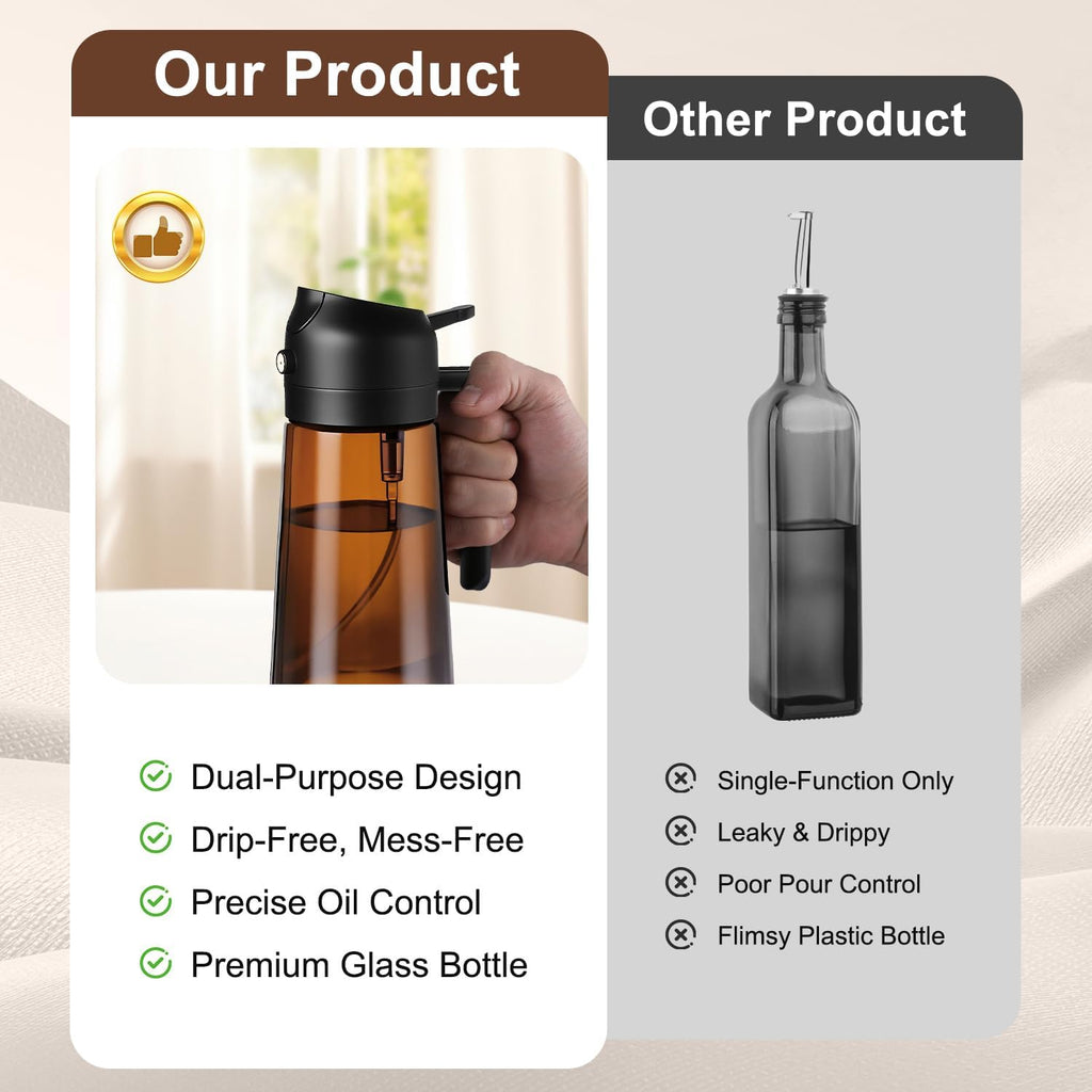 2-in-1 glass oil dispenser and spray bottle