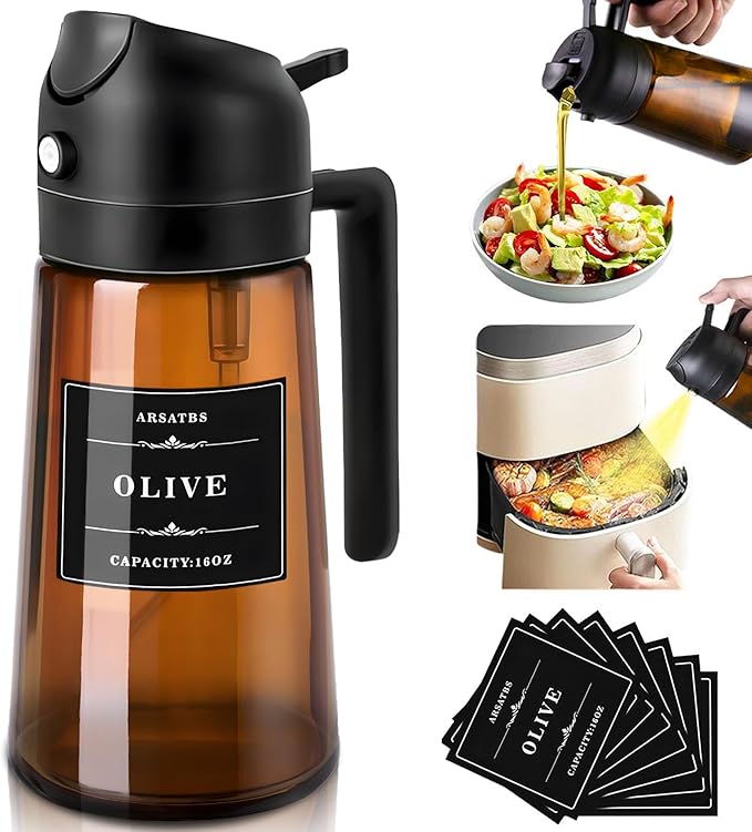 2-in-1 glass oil dispenser and spray bottle